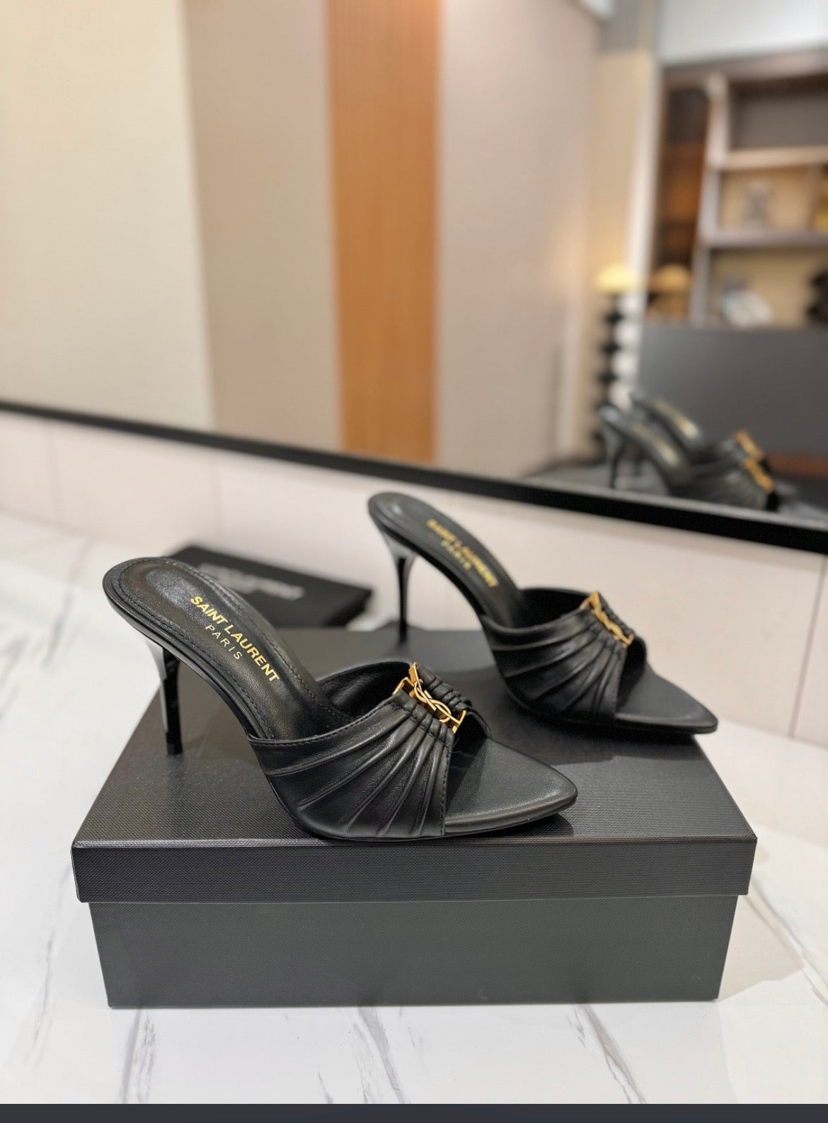 Women’s Black Square Toe Mule Heels – Elegant Slip-On Stiletto Sandals