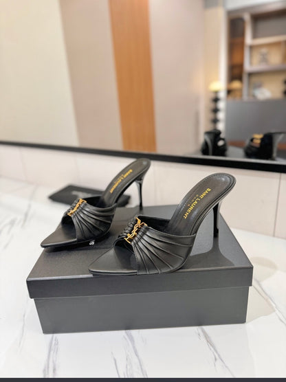 Women’s Black Square Toe Mule Heels – Elegant Slip-On Stiletto Sandals