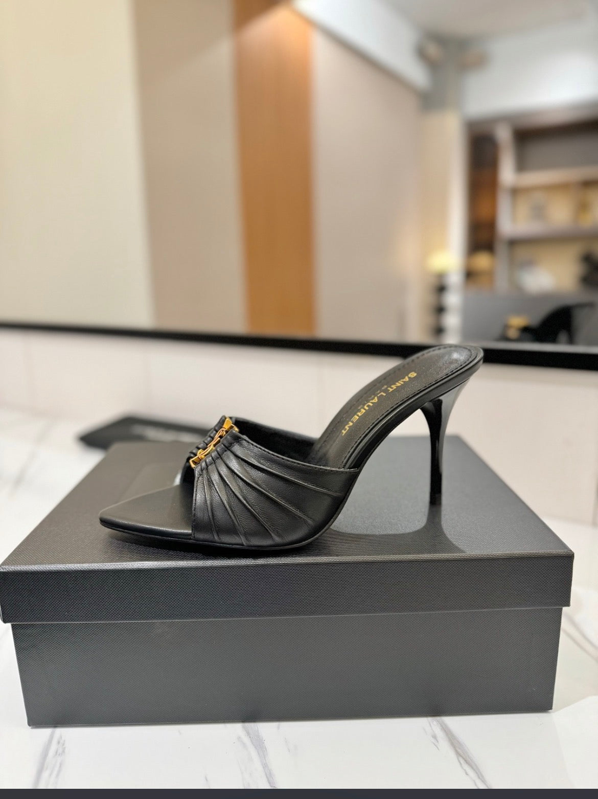 Women’s Black Square Toe Mule Heels – Elegant Slip-On Stiletto Sandals