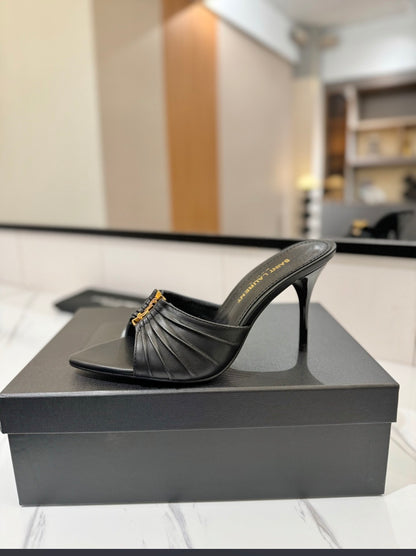 Women’s Black Square Toe Mule Heels – Elegant Slip-On Stiletto Sandals