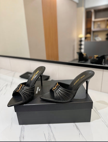 Women’s Black Square Toe Mule Heels – Elegant Slip-On Stiletto Sandals